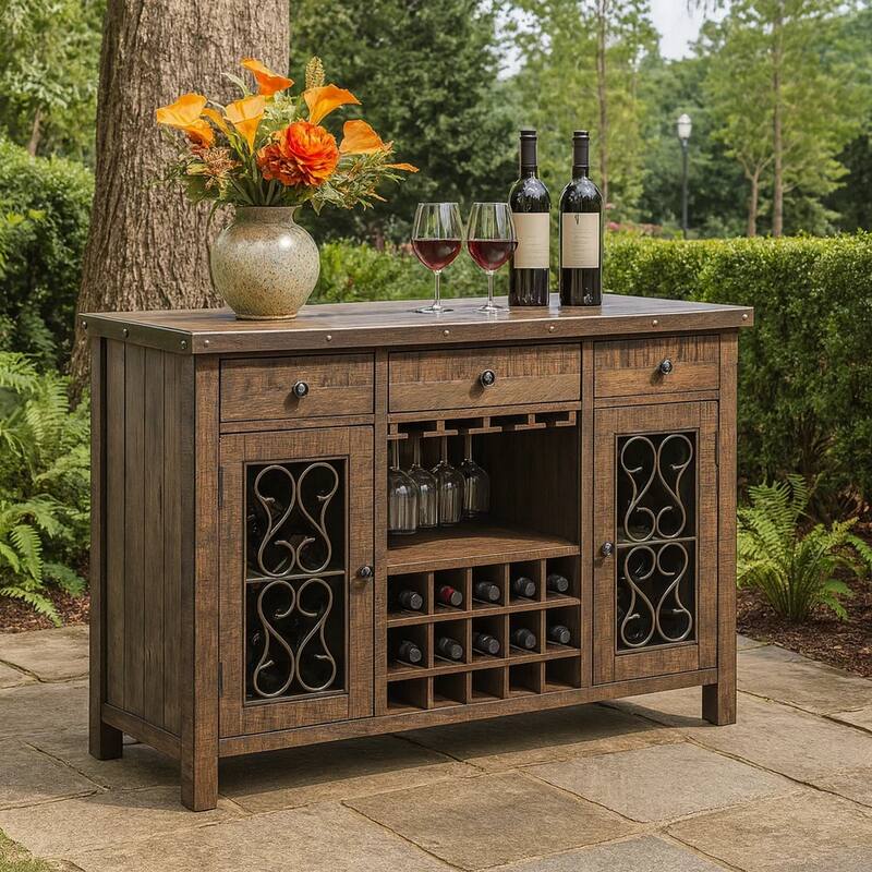 Ral 56 Inch Wood Sideboard Wine Bar Cabinet, Metal Scroll, Rustic Brown