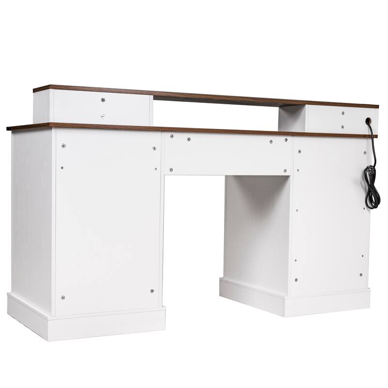 59" Farmhouse Office Desk with Charging Station, Barn Door, File Drawer & Monitor Stand