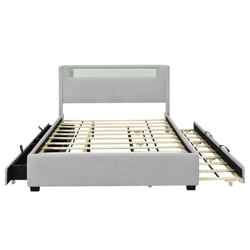 HomeRoots Light Gray Tufted Boucle Lighted Full Bed Frame With Trundle And USB And Drawers