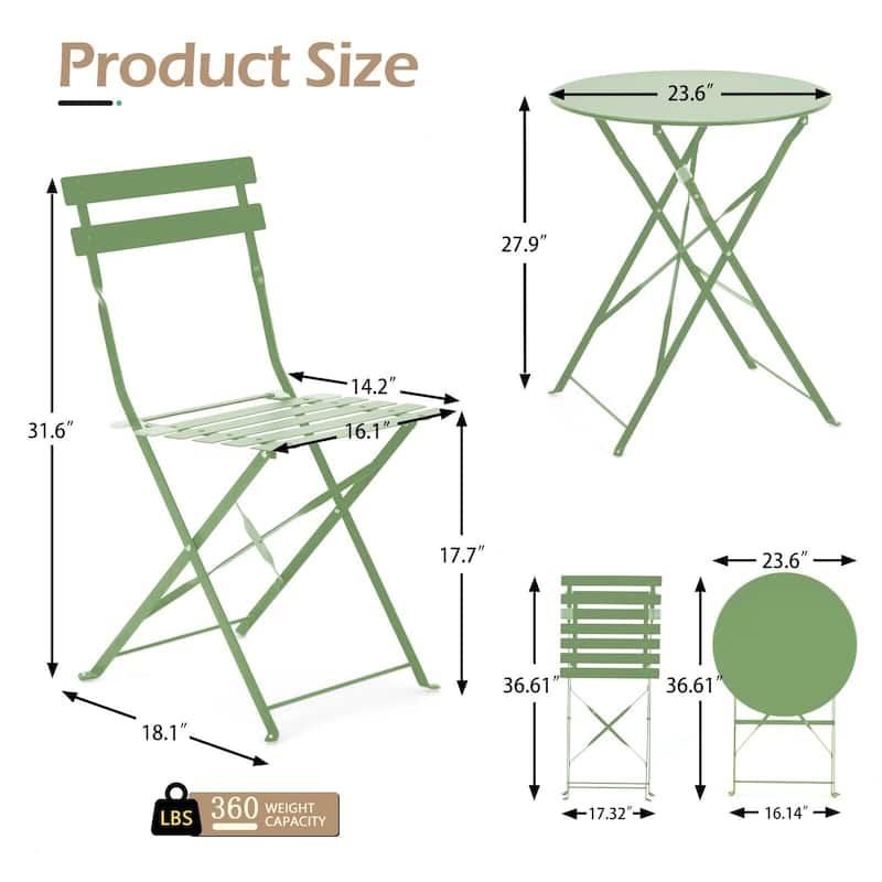 EROMMY 3-Piece Bistro Set Outdoor Patio Furniture, Foldable Garden Table and Chairs, Rust-Resistant, Lightweight for Balcony