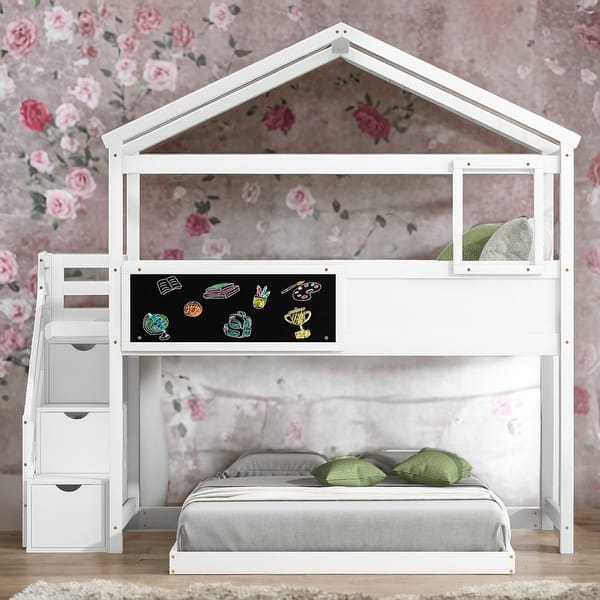 slide 2 of 38, Modern Twin Over Full House Bunk Bed With Storage Staircase And Blackboard,Sturdy Frame for Bedroom White