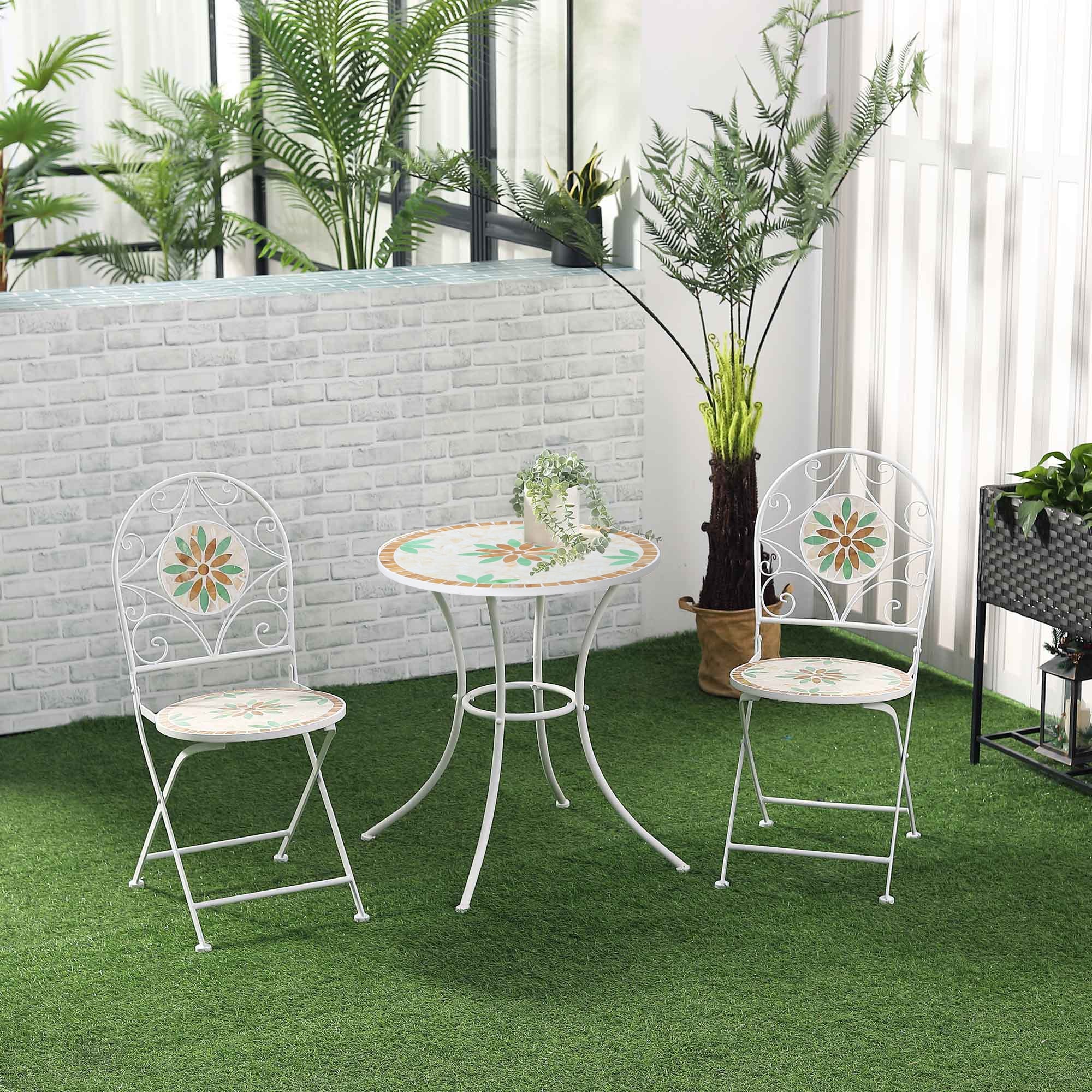 Outsunny 3 Piece Bistro Set Mosaic Floral Patio Set with 2