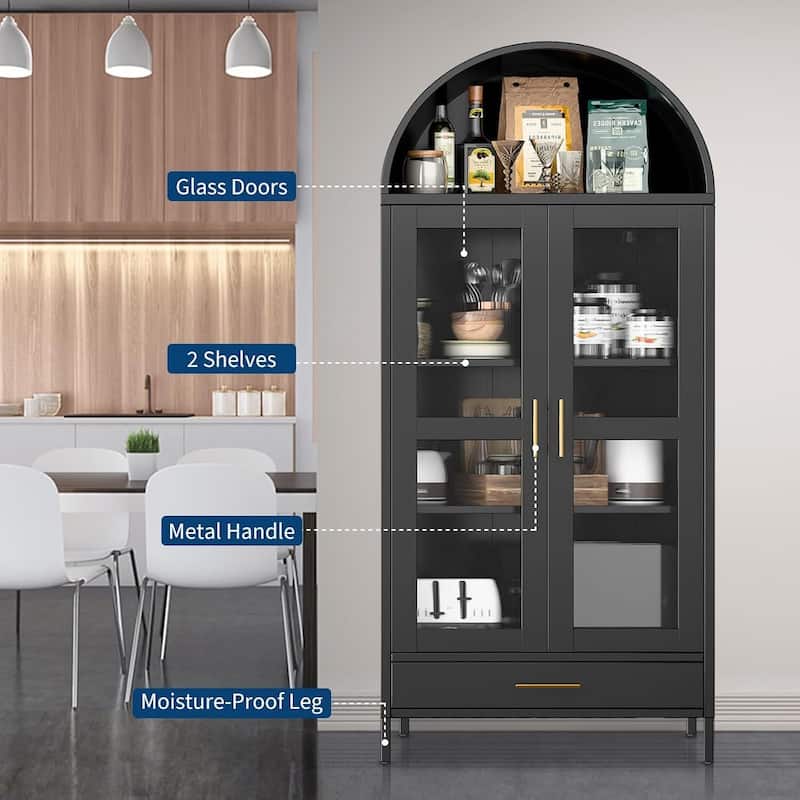 73" Tall Arched Pantry Cabinet with Glass Door - N/A