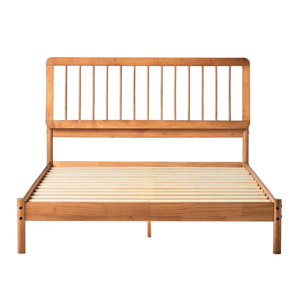 Mid-Century Modern Solid Wood Queen Spindle Bed in Caramel