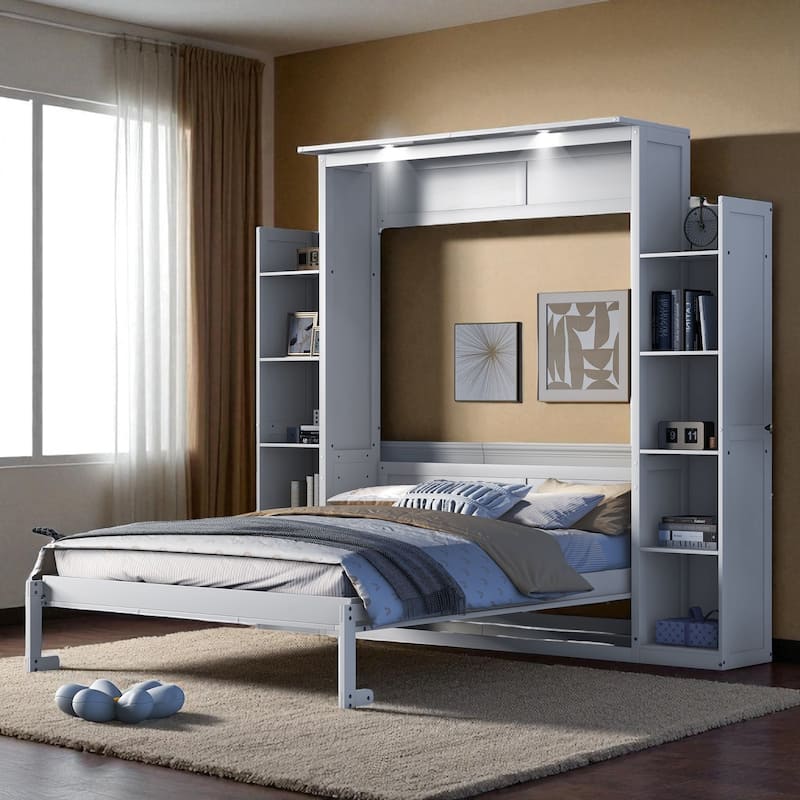 Full/Queen Murphy Wall Bed with Shelves & LED, Dual-Piston, 8 in Mattress, 600 lb Capacity, Space-Saving