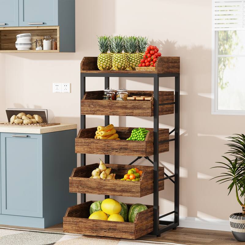 5-Tier Freestanding Wood Fruit Basket Stand, Vegetable and Fruit Storage Retail Display Rack Stand - Brown