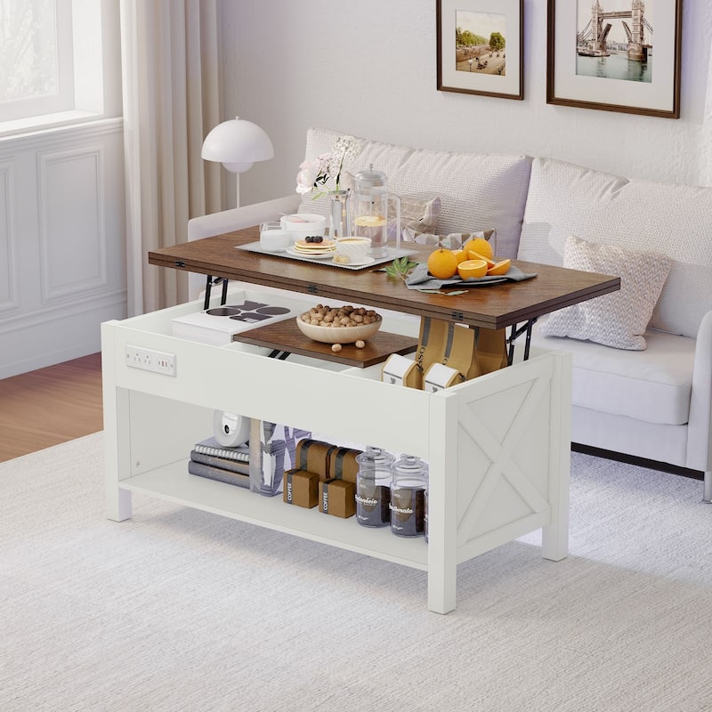Gymojoy 42" 4-in-1 Lift Top Coffee Table with Charging & LED Lights, Farmhouse Storage Table for Living Room, Office, Dorm - White