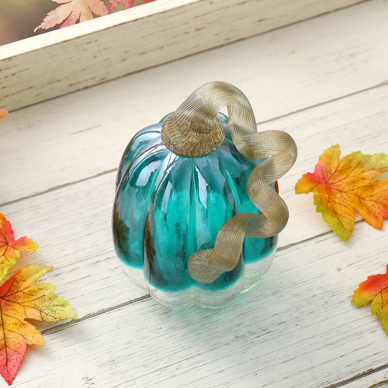 Glitzhome 6"H Fall Harvest Turquoise Crackle Glass Pumpkin Thanksgiving Decoration