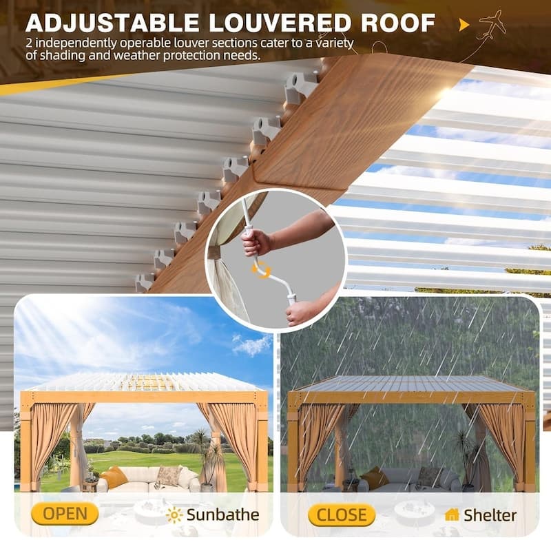 EROMMY Outdoor Louvered Pergola Gazebo with Adjustable Aluminum Rainproof Roof and Pull-Down Screen