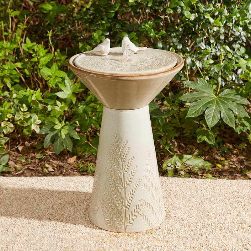 Glitzhome 27.5"H Two Birds Embossed Ceramic LED Birdbath Patio Outdoor Fountain