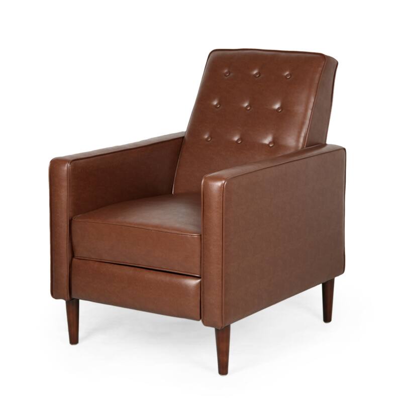 Mid-Century Modern Push-Back Recliner Chair with Retractable Footrest 34.25" Faux Leather Lounge Armchair with Wood Legs