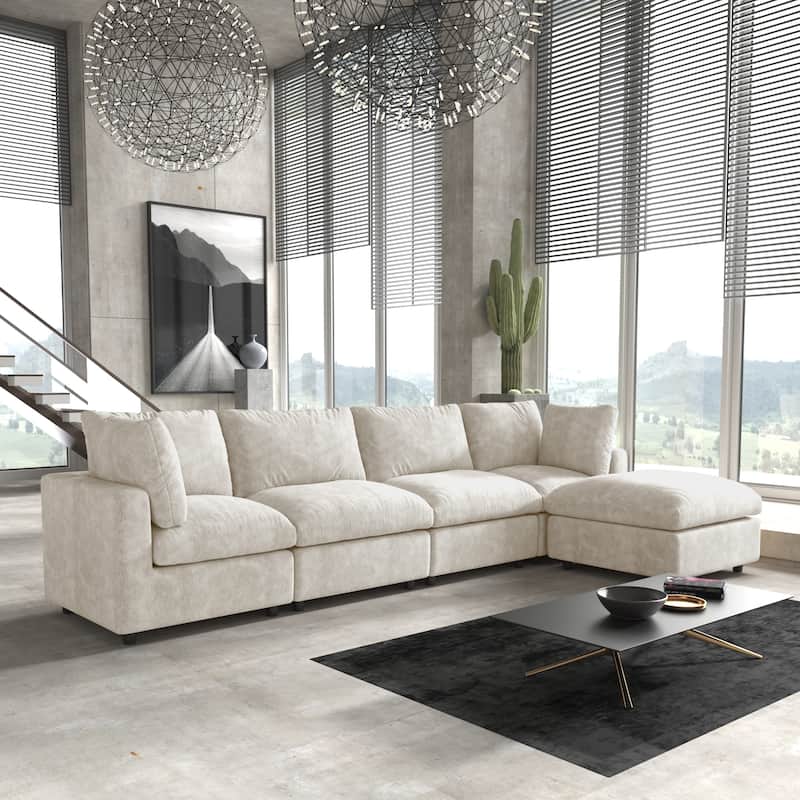 Minimalist Upholstered Cushion Sofa 4-Seater Chenille Modular Sectional Couch with Ottoman