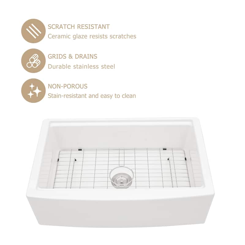 Kichae 33 Inch Ceramic Sink Farmhouse Workstation Apron Front White Kitchen Sink - 33 in.W x 21 in.D x 10 in.H