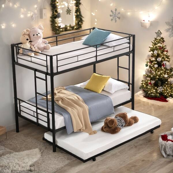 slide 2 of 16, Twin over Twin Bunk Bed with Trundle and Ladder and Sturdy System for Home Black