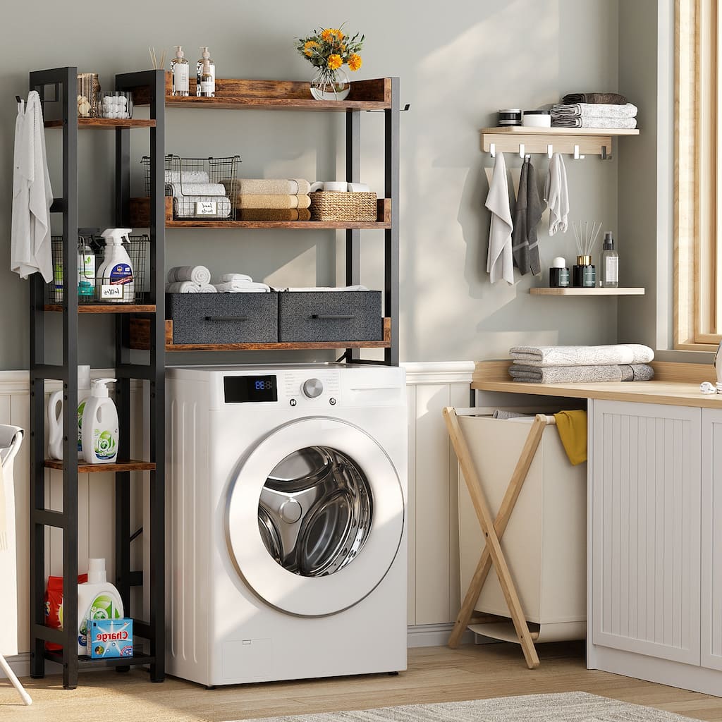 31'' W Over the Toilet Storage Shelf with 2 Drawers and 4 Hooks for Restroom and Laundry