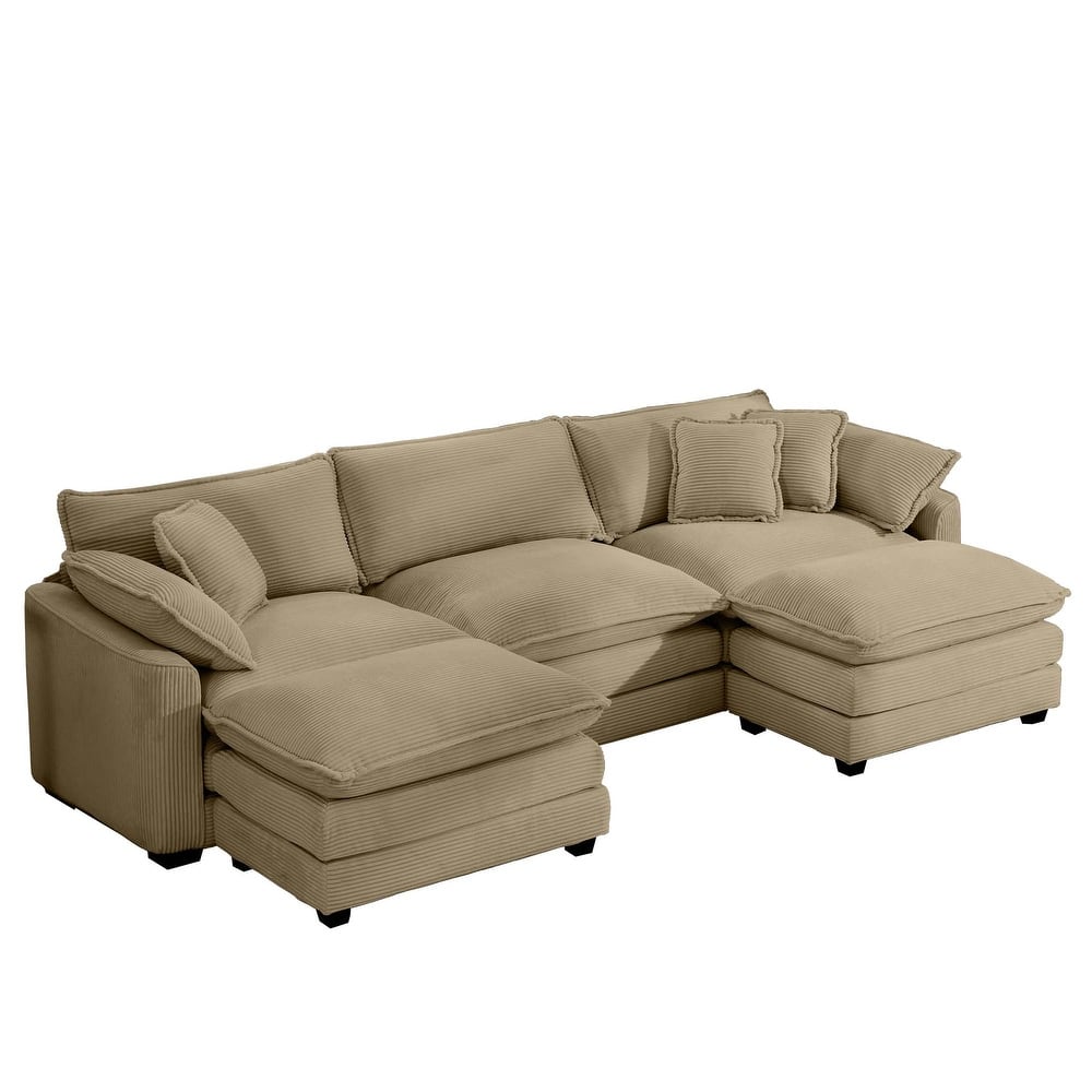 Oversized Corduroy Modular Corner Couch with Throw Pillows, U-Shaped Convertible Sectional Sofa Set with Ottomans