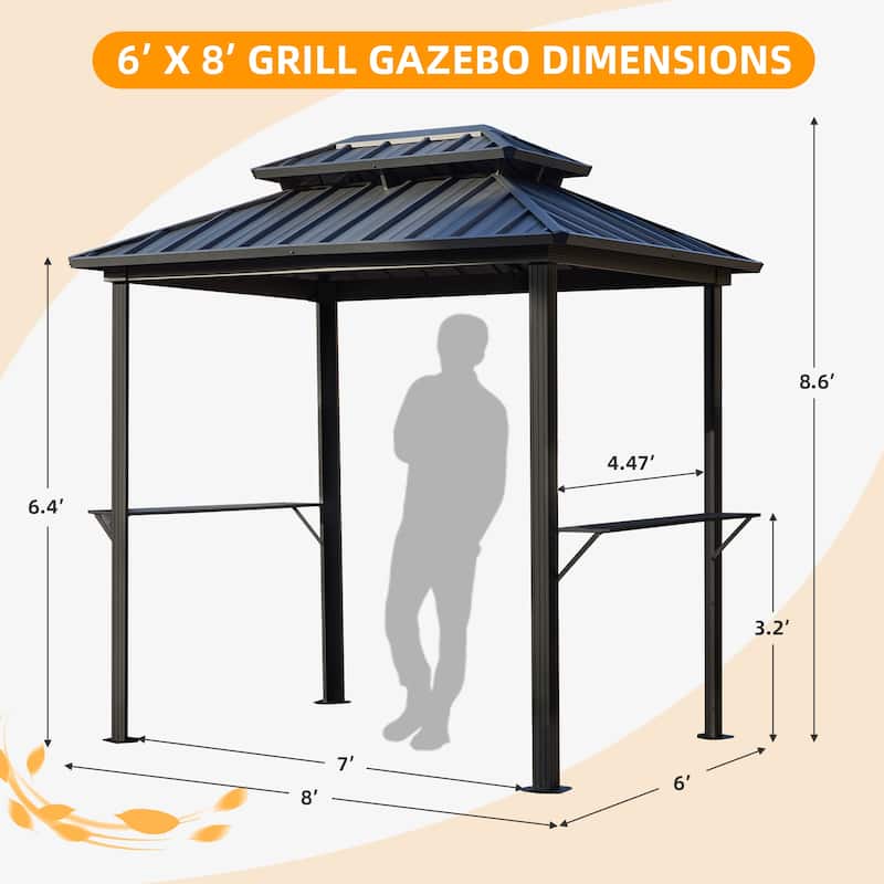Grill Gazebo with Bar & Shelves, Double Roof BBQ Canopy for Patio, Wind & Weather-Resistant Outdoor Grill Shelter Tent