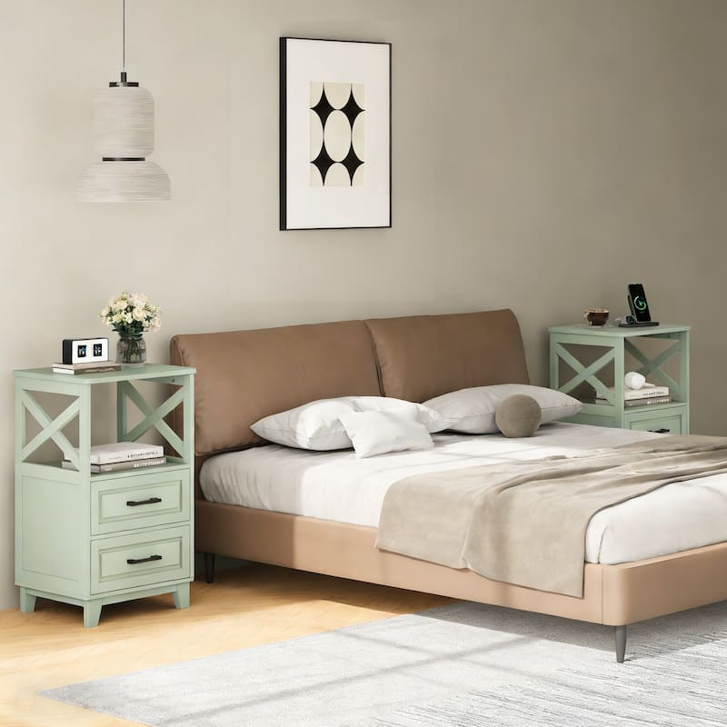 Tall Nightstand with 2 Drawers and Open Shelf Above, Set of 2