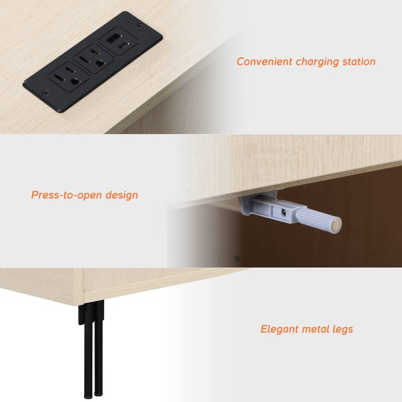 Modern Minimalist Nightstand Set Of 2 With Built-In Outlets, Reed Pattern Design