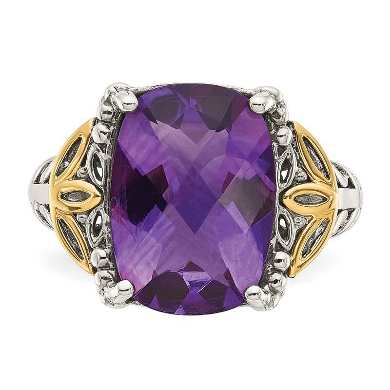 Curata 925 Sterling Silver Polished Prong set With 14k Amethyst Ring