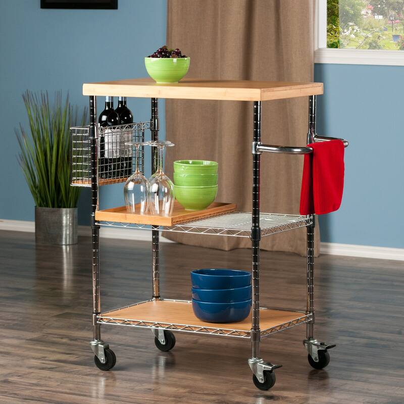 Madera Utility Kitchen Cart, Bamboo and Chrome - 35.22 x 17.64 x 38.58 inches