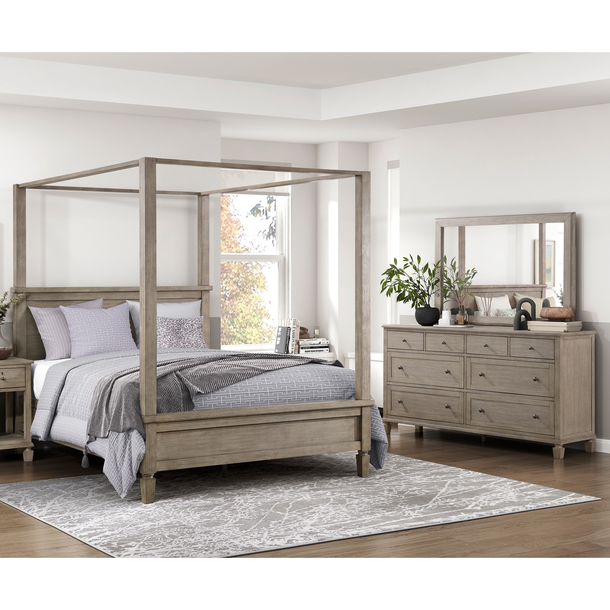 3Pc Gray Oak Bedroom Set Canopy Bed Dresser Mirror Durable
