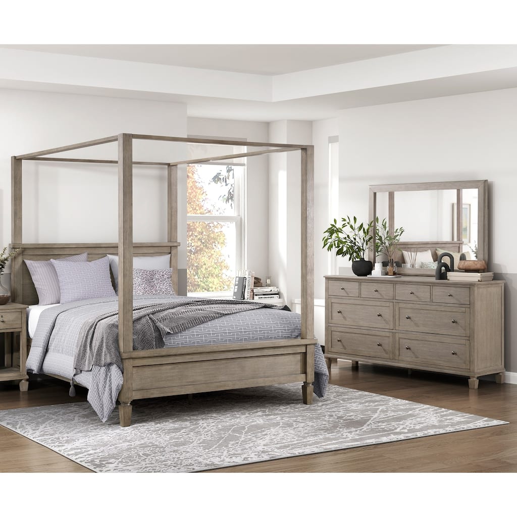 3Pc Gray Oak Bedroom Set Canopy Bed Dresser Mirror Durable