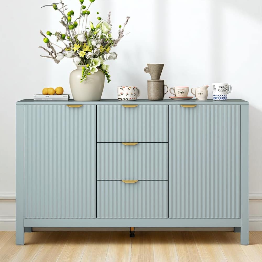 Wave Pattern Sideboard Cabinet with 3 Drawers, Soft-Close Doors & Adjustable Shelves, Entryway Storage Console