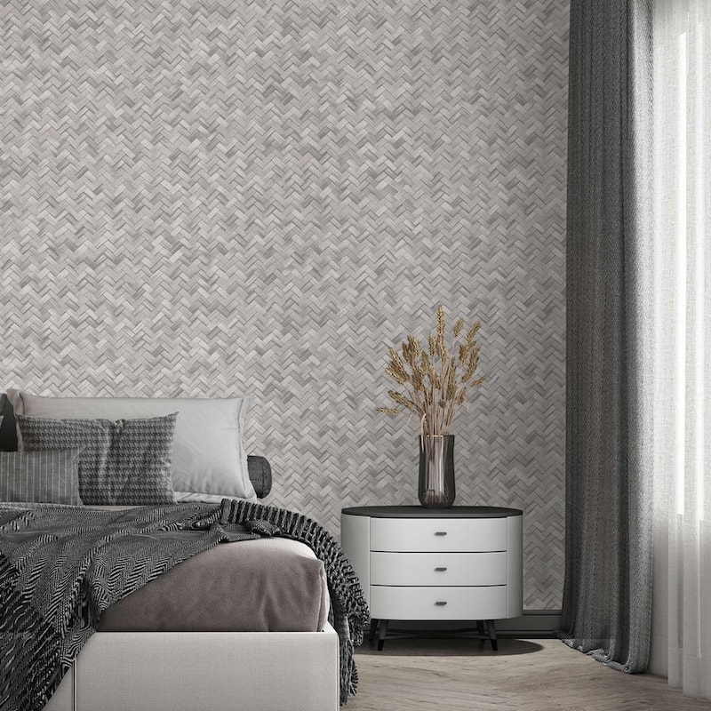 Braided Geometric Pattern Jute Basket Weave Chevron Wallpaper - Gray