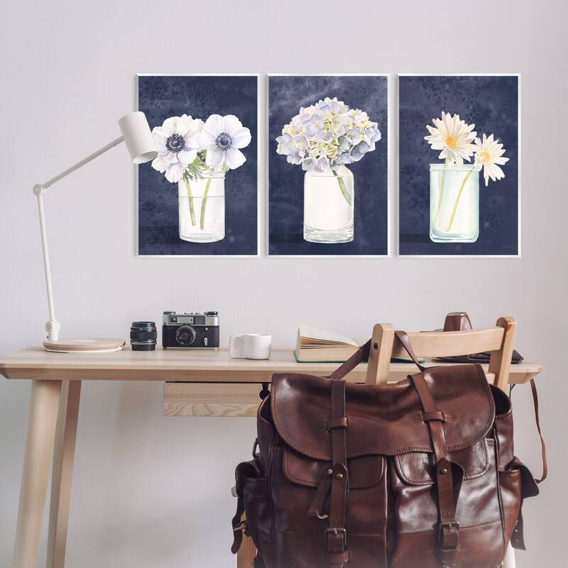 Stupell Farmhouse Flower Bouquets Navy Blue White Painting,3pc, each 10 x 15, Wood Wall Art