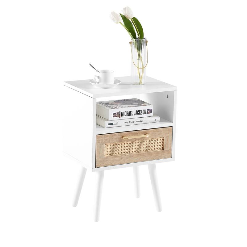 15.75" Boho Chic Rattan Storage End Table with Solid Wood Legs