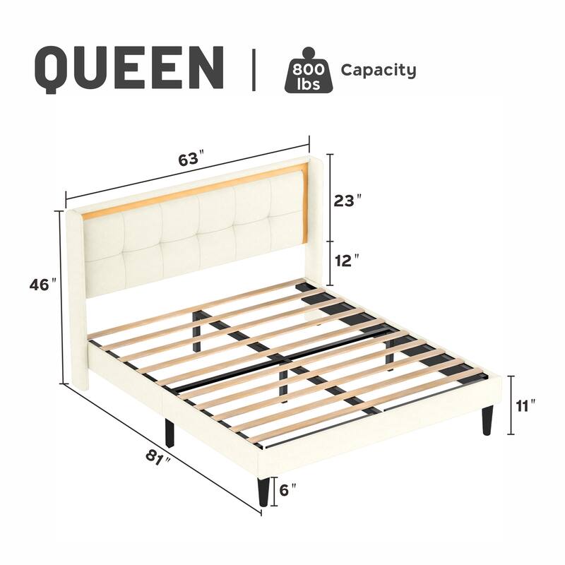 Upholstered platform bed frame with headboard and sturdy wooden slats