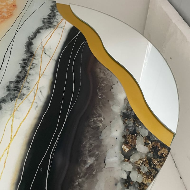 Marble pattern sticker Round Coffee Table, Cylindrical Silver Mirror with Gold Dust Finish, Modern Home Decor Table