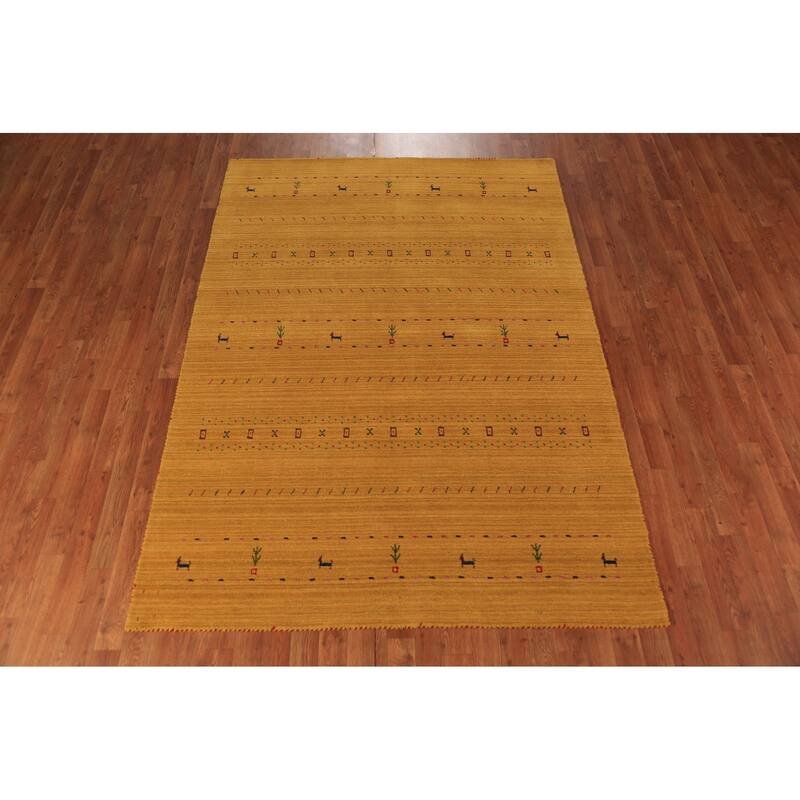 Tribal Gold Gabbeh Oriental Area Rug Hand-Knotted Wool Carpet - 5'5" x 7'7"