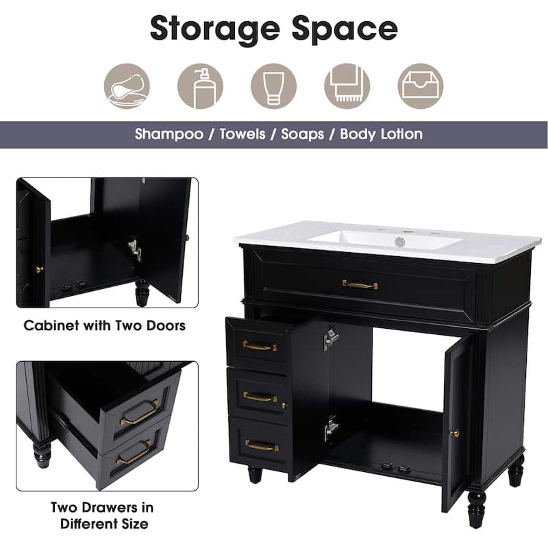 36" Bathroom Vanity with Undermount Sink, Freestanding Black Cabinet, Gold Handles, Storage Drawers, and MDF Design
