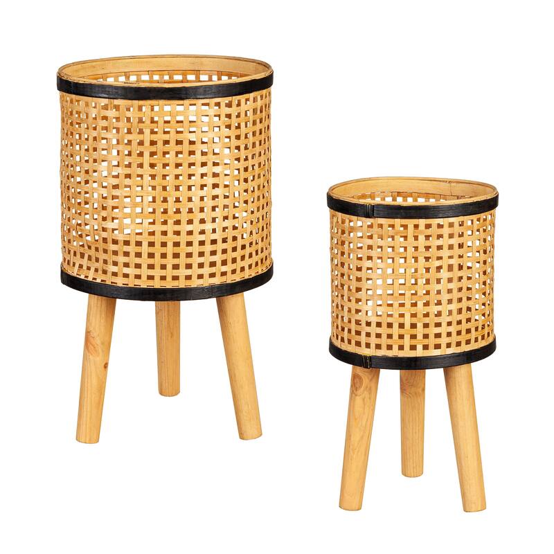 23" Wood, Woven Bamboo and Plywood Planter with Legs, Set of 2