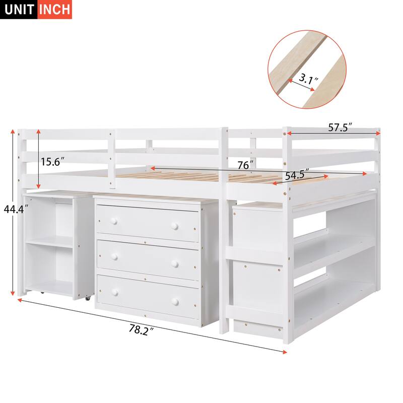 Twin/Full Size Low Loft Bed with Cabinet, Rolling Desk and Bookshelf, Solid Wood Frame for Kids
