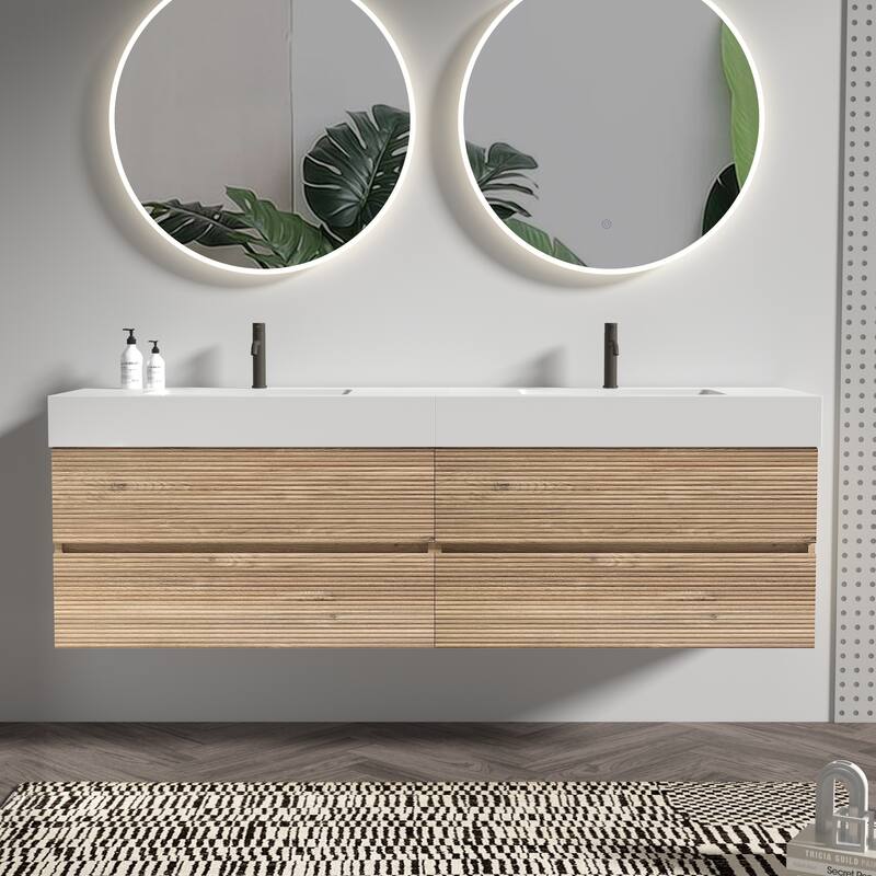 Wall Mounted Bathroom Vanity with Solid Surface Sink and Soft Drawers - 71.7'' x 18.12'' x 25.29'' - Oak and White