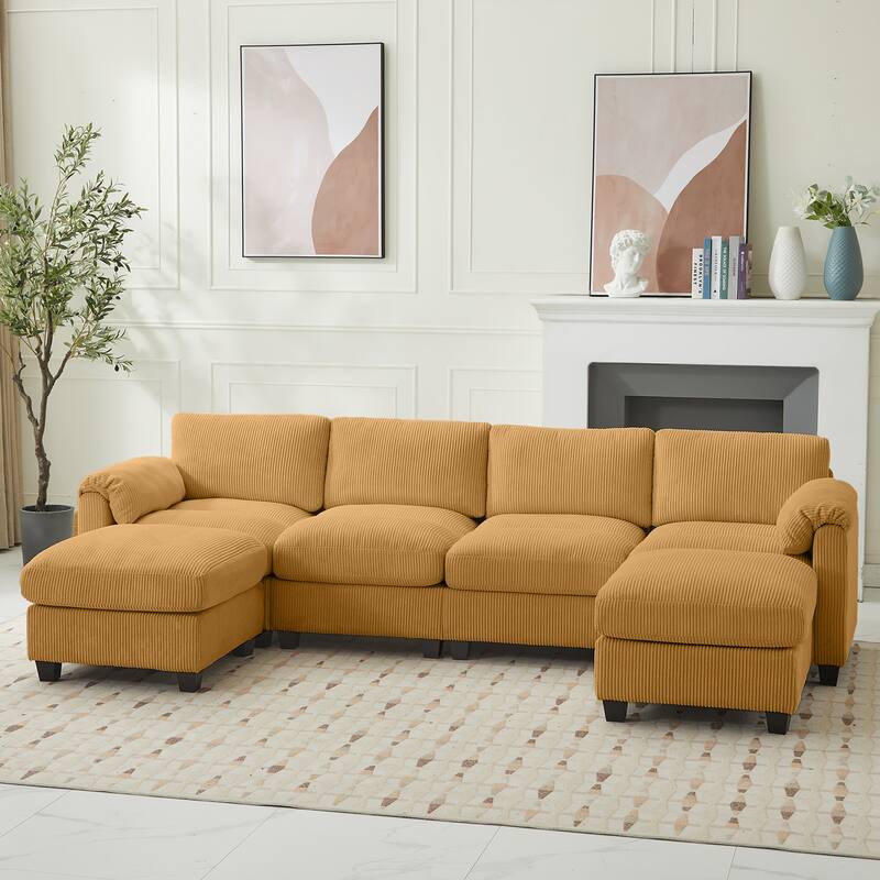 Multi-Seater Corduroy Sectional Sofa, Modular Settee, Included Removable Ottomans - 4 Seats & 2 Ottomans - Mineral Yellow