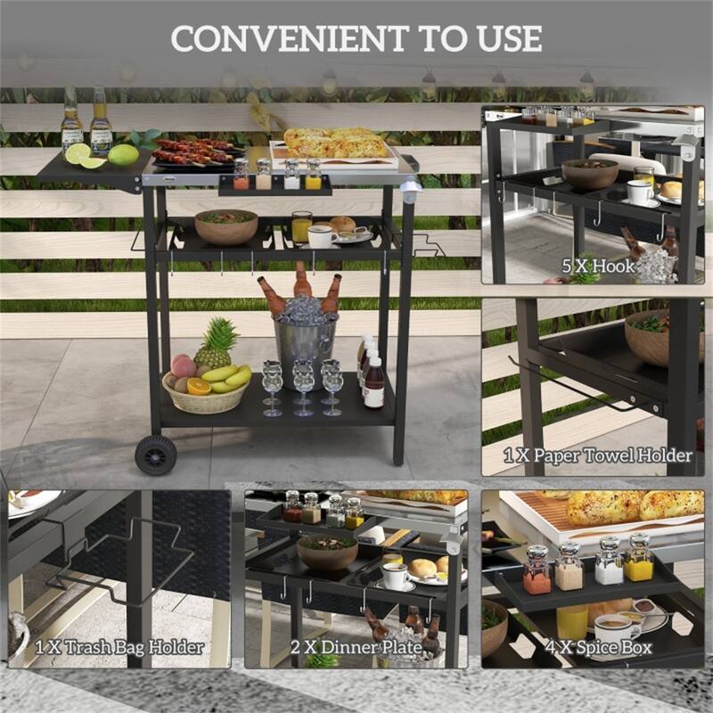 Stainless Steel Serving Cart with Two Shelves, Hooks, Spice Containers, and Foldable Table for Patio, Backyard