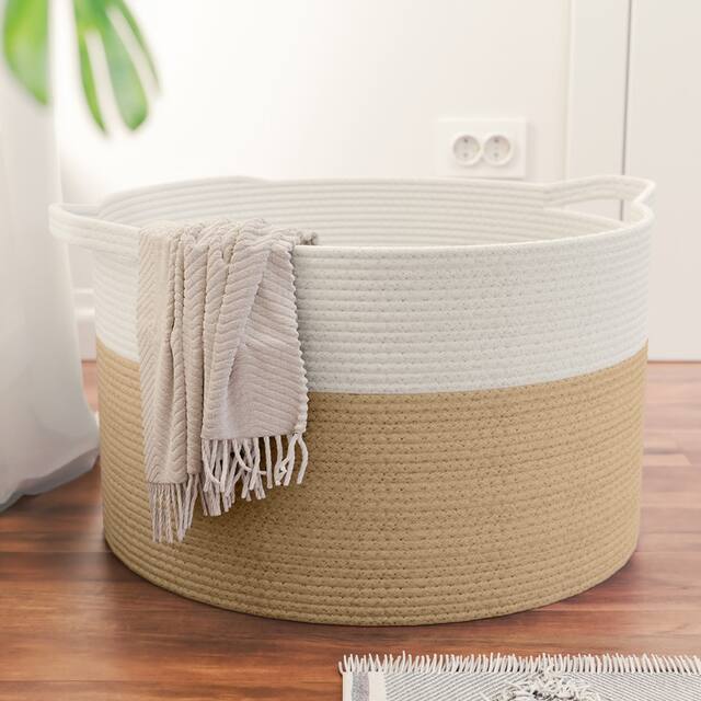 Cotton Rope Storage Basket Bin with Handles - Baby Nursery Laundry Basket Hamper, Toy Storage Basket - 21 x 21 x 14 - Brown
