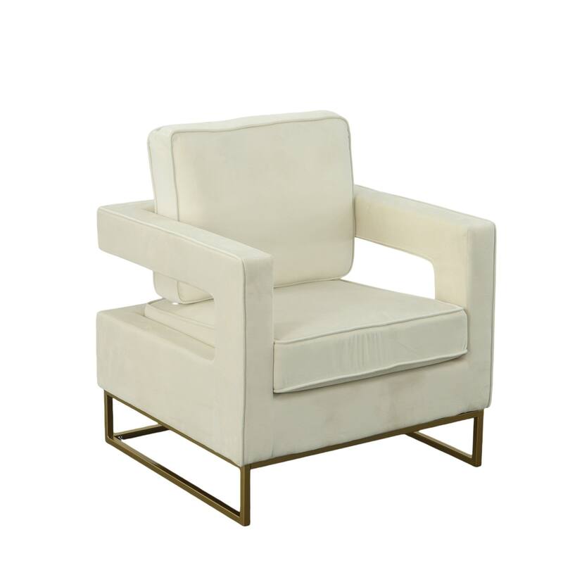 Upholstered Velvet Armchair with Squared Edges - 35.5" - Cream