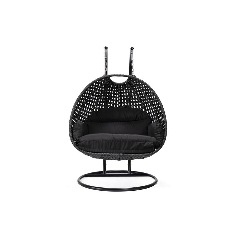 Patio 2-Person Hanging Egg Swing Chair Charcoal Wicker and Iron Frame Breathable Removable Cushion Covers by LeisureMod