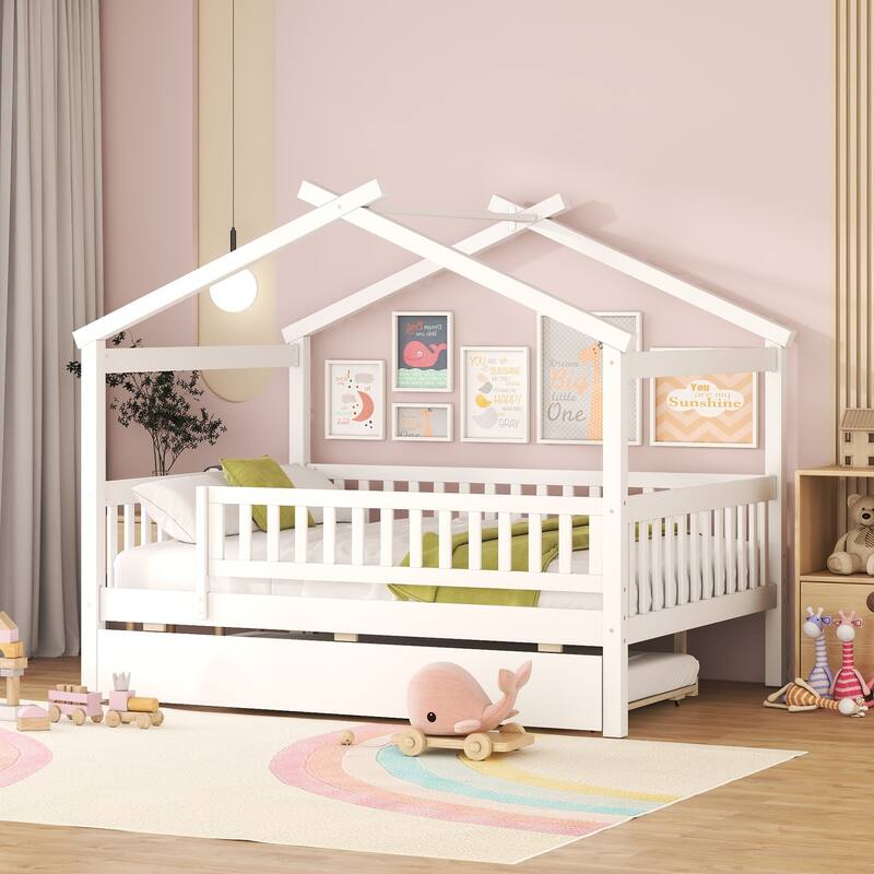 White Full Size Wooden House Bed with Twin Trundle for Kids