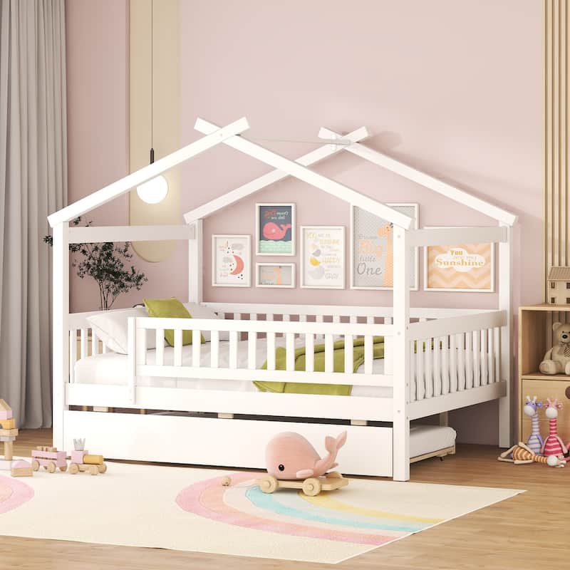 Wooden Twin/Full House Bed with Trundle and Headboard, Sky Roof Design, Durable Pine Wood