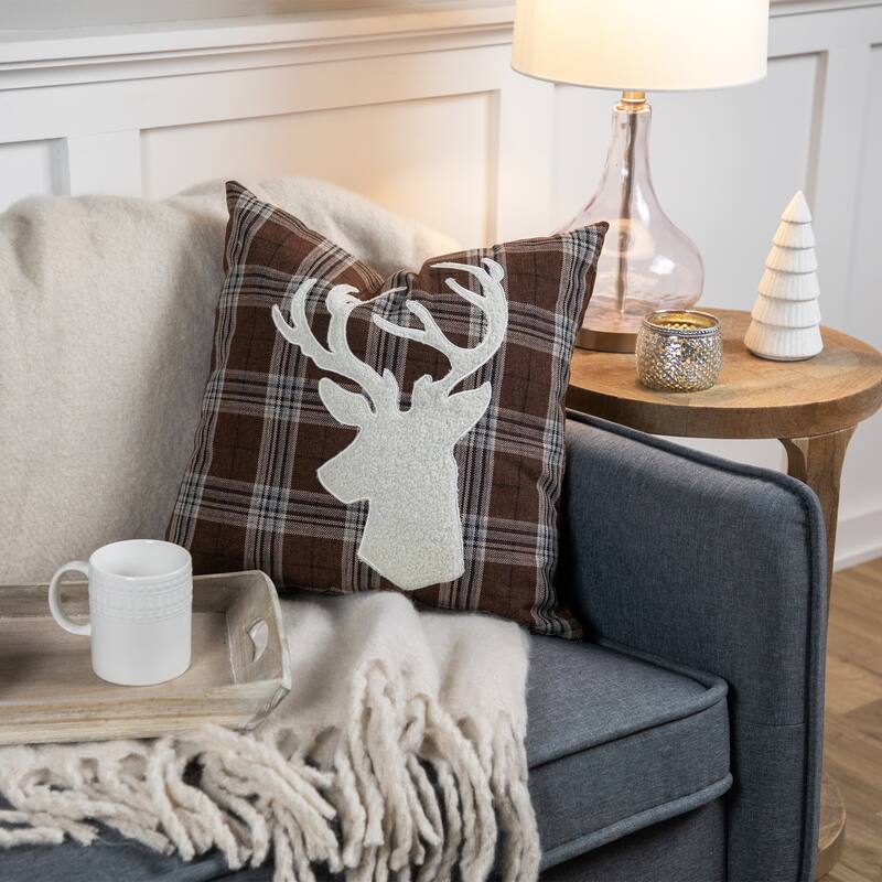 16.5" Brown Plaid Stag Christmas Throw Pillow