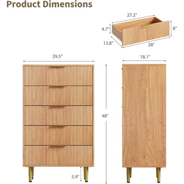 dimension image slide 10 of 15, Modern Natural Wood Color Fluted Dresser, Wooden Chest with Gold Metal Handles & Legs