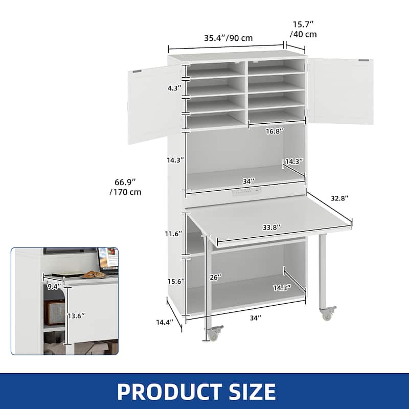 Moasis Expandable Crafting Table with Storage, Artwork Sewing Table with Cabinet and Magnetic Doors & Power Outlets