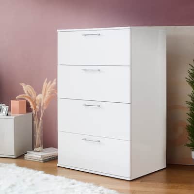 Modern Glossy 4-Drawer Jumbo Chest, Storage Dresser Clothes Organizer, Storage Cabinet for Bedroom, Living Room, Guest Room