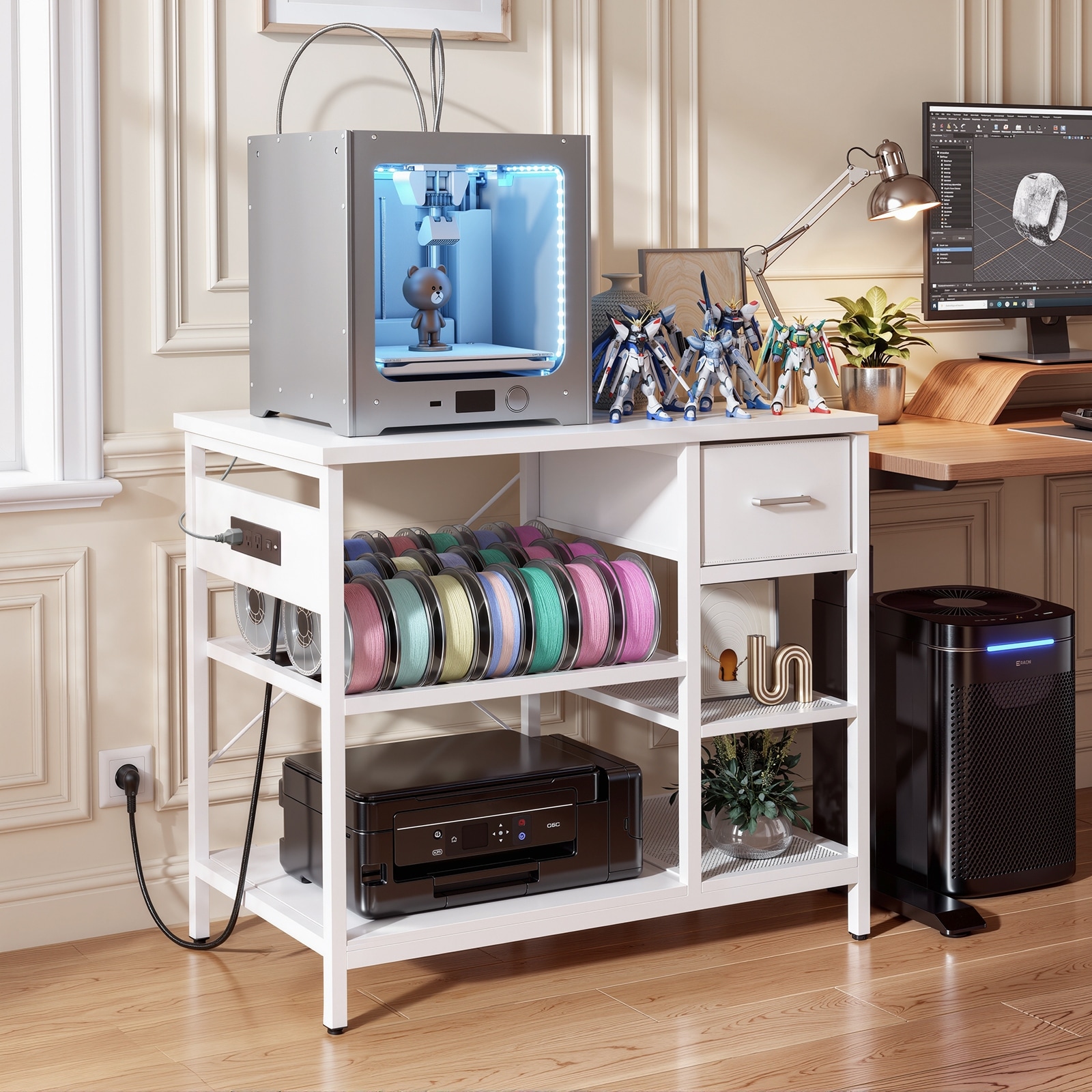 Printer Stand with Power Outlet, Large Desktop Printer Table with Drawer & Multi-Tier Mesh Storage Shelves